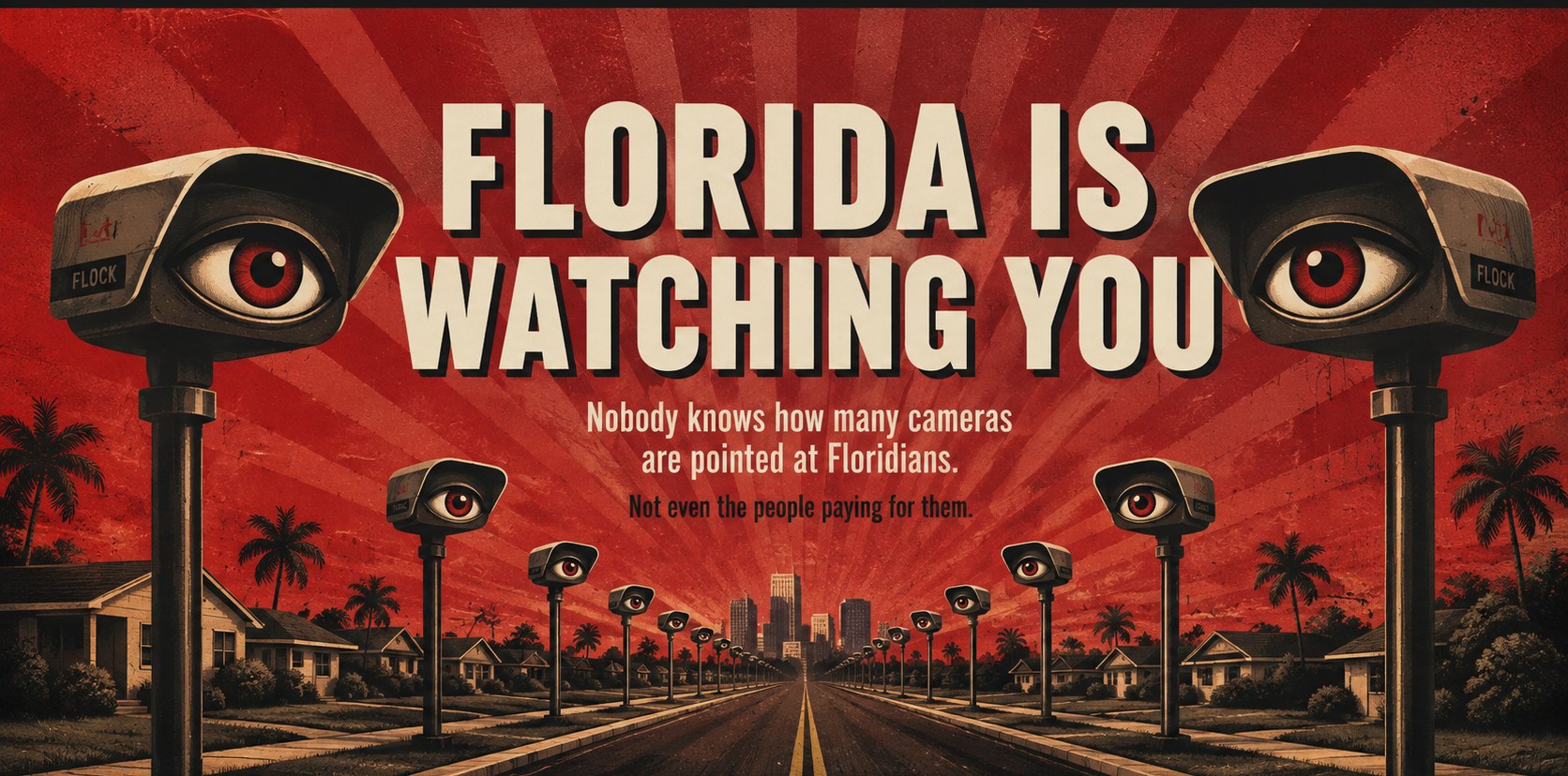 Illustrated Florida street lined with oversized surveillance cameras on poles, watching over houses toward a distant city skyline, under a red sky.
